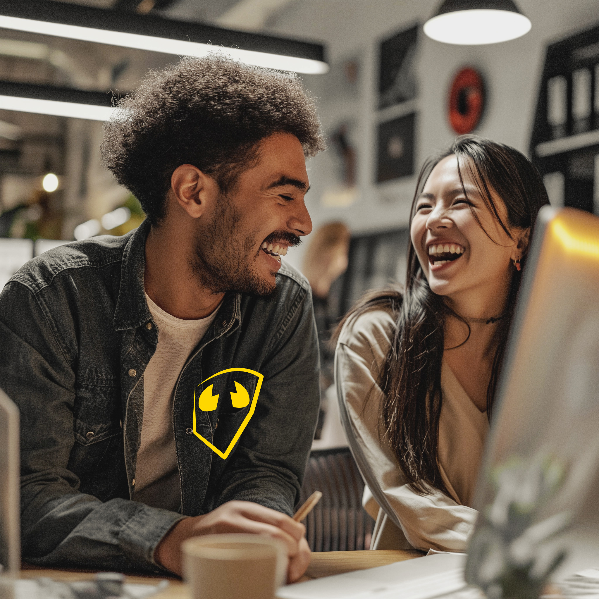 Two colleagues laughing and collaborating